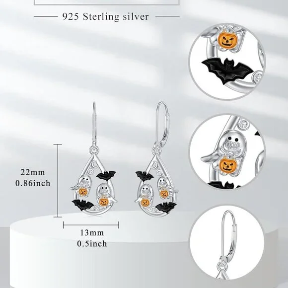 925 Sterling Silver Halloween Earrings Black Cat Pumpkin Skeleton Leverback Jewe